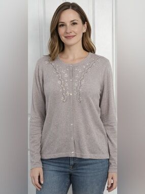 ABG Chic Metallic Beaded Cardigan Womens M Champaign 85% Silk Button Down